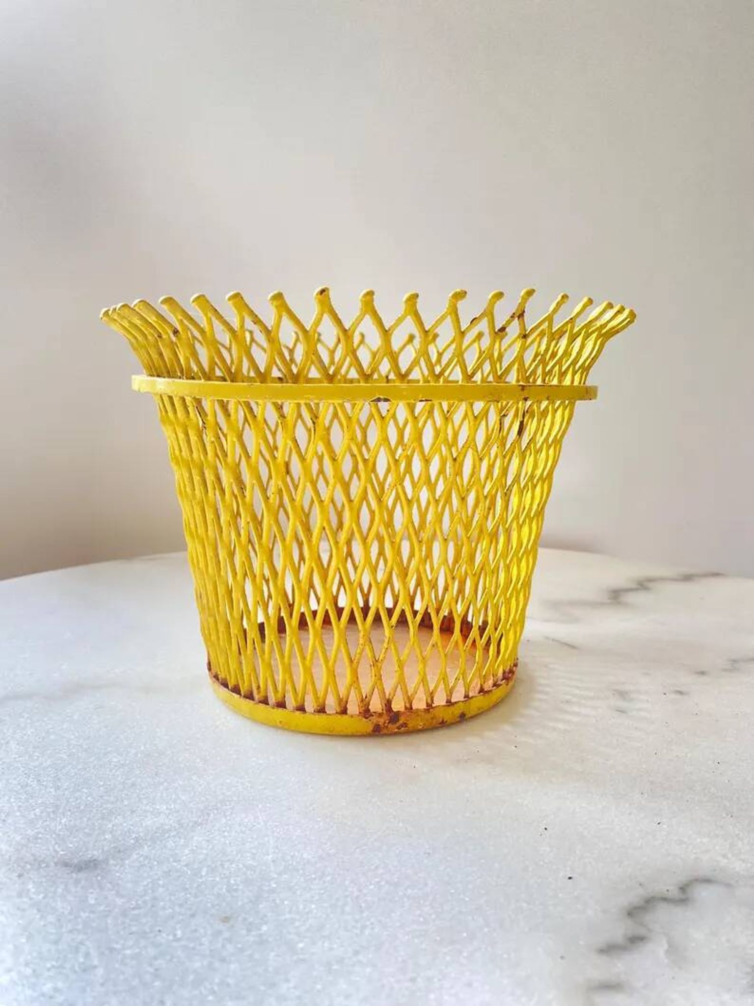Mathieu Matégot round metal cache pot in yellow, France 1950s