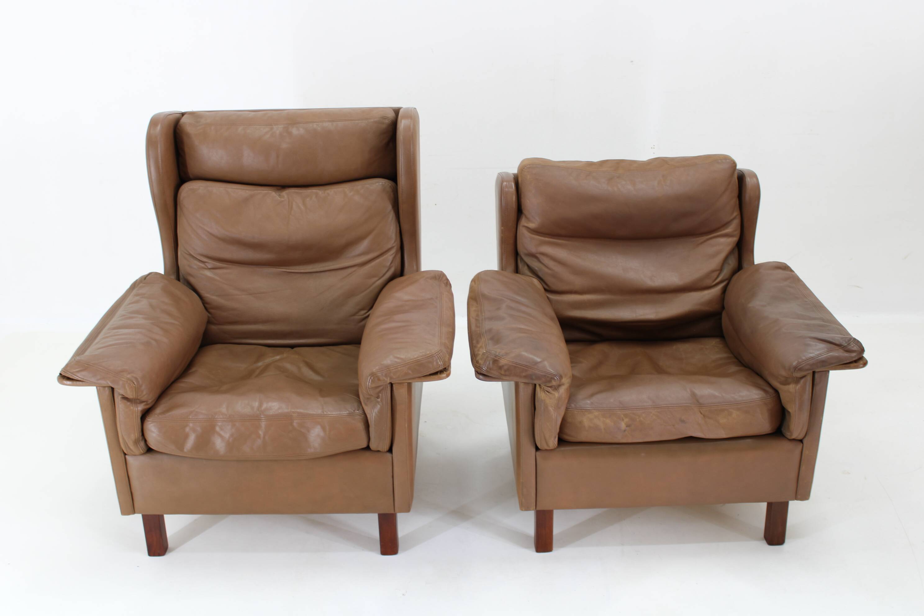 1970s Pair of Brown Leather Armchairs, Denmark