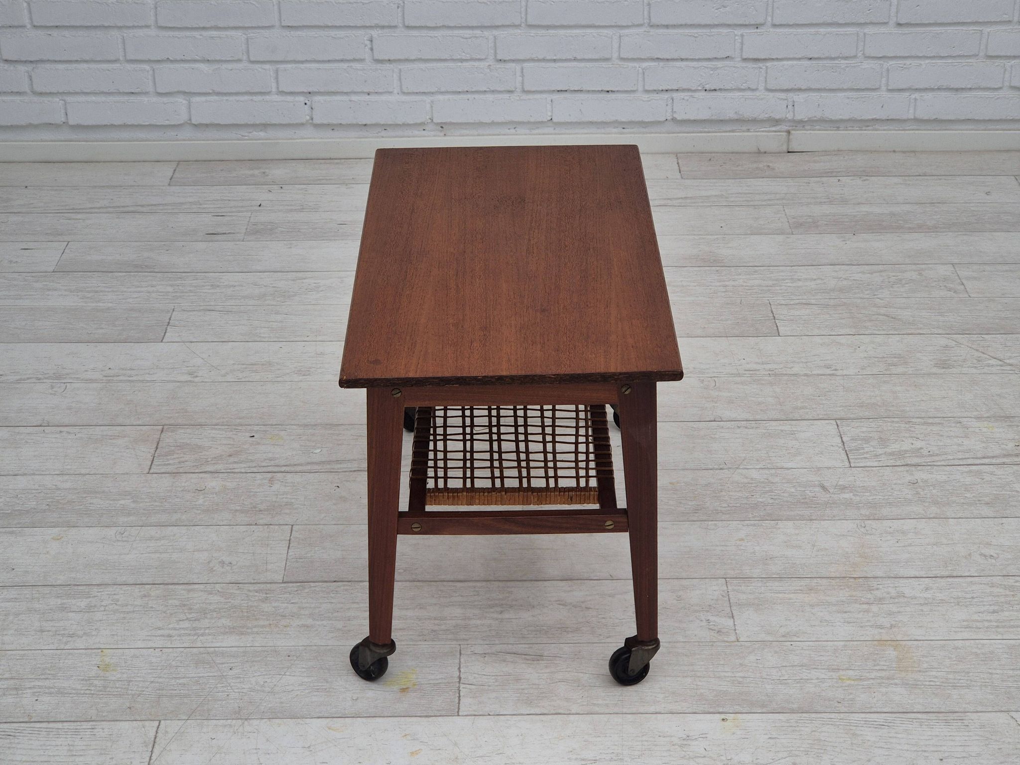 1970s, Danish side table, original very good condition, teak wood, rattan.