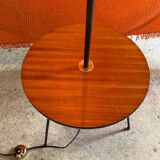 Vintage floor lamp 1960 black tripod base round varnished wooden shelf