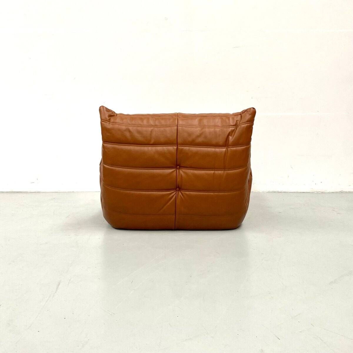 Togo lounge chair in dark cognac leather attributed to Michel Ducaroy for Ligne Roset