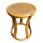Tabouret, table d'appoint en rotin et cannage