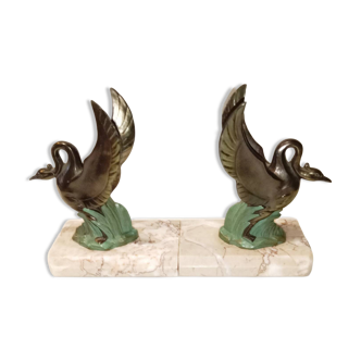 Art Deco Bookends Swans Metal with Double Patina and Marble Base