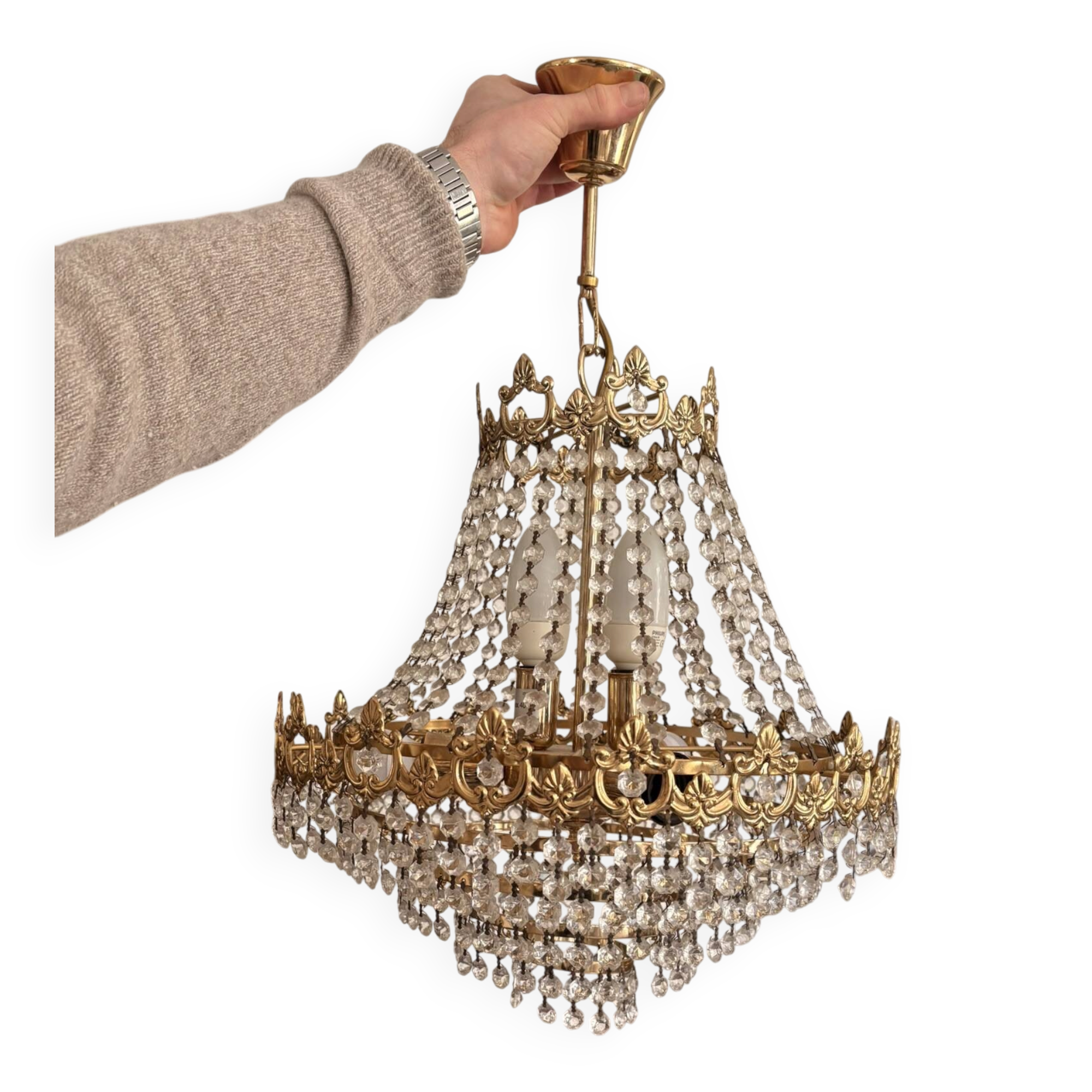 Antique Balloon Chandelier in Gilded Brass, Empire Style, 4 Lights