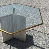 Table à manger plateau en verre/laiton, pied en travertin