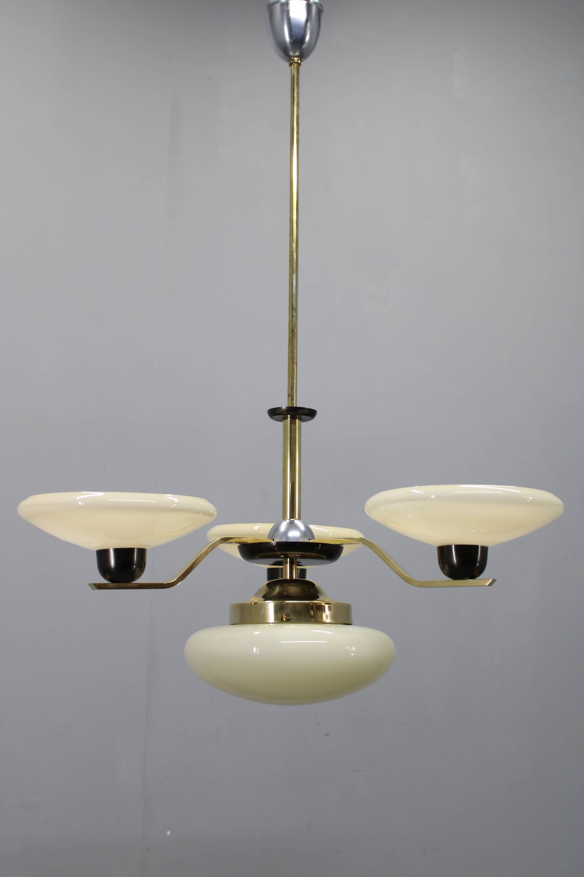 Art Deco brass and aluminum chandelier with cream glass, Czechoslovakia 1930s