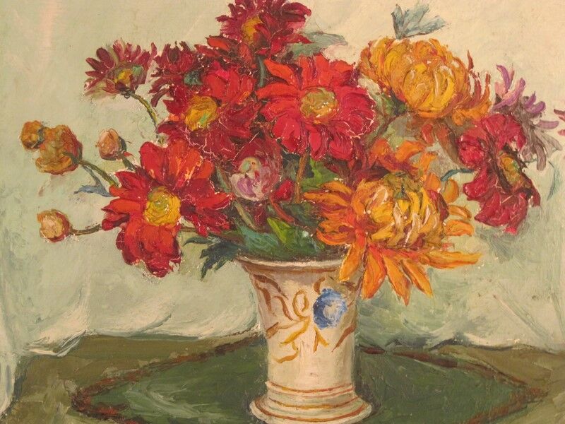 Painting oil flowers signed Alphonsine artist bouquet side