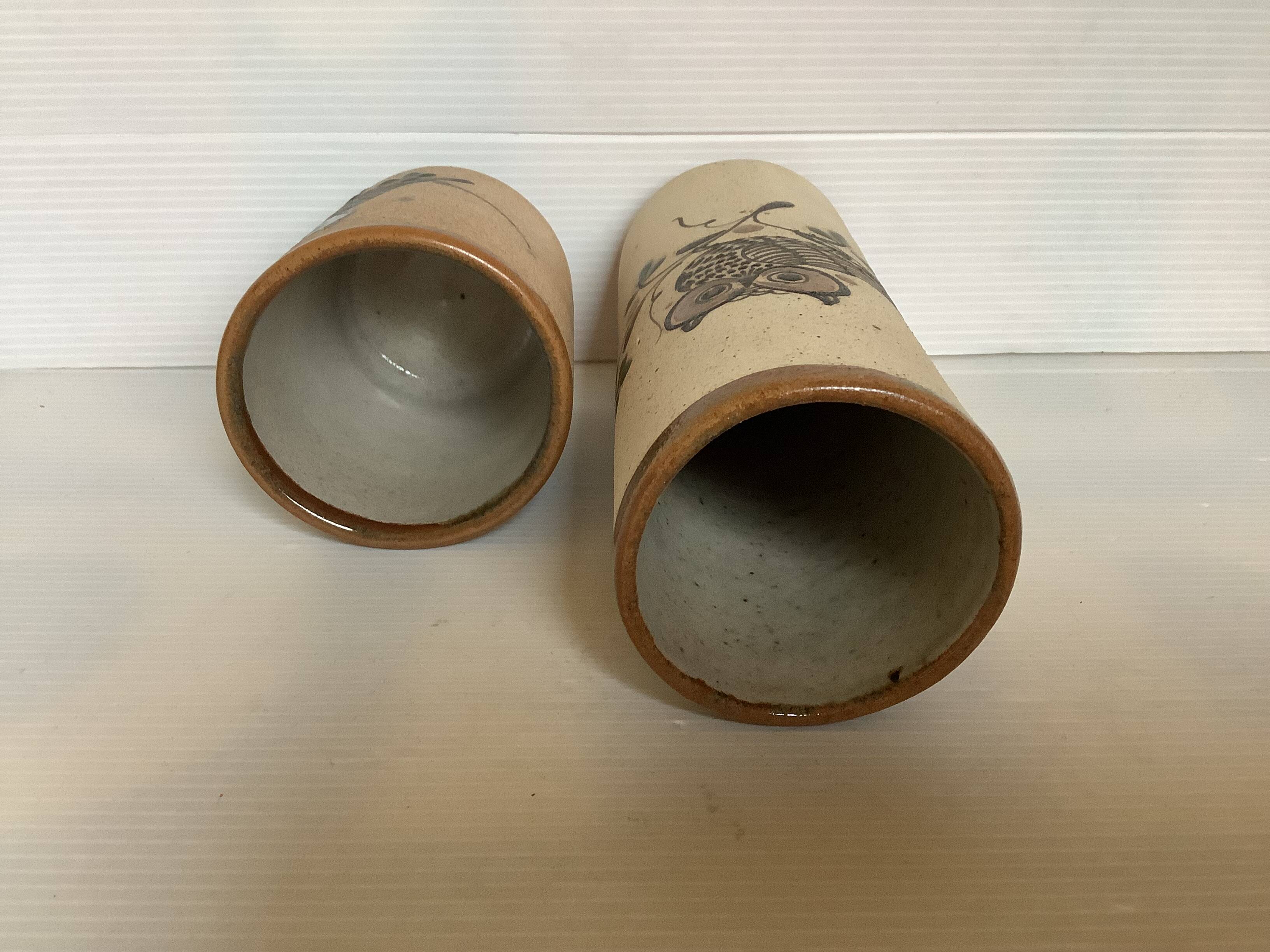 Pair of Mexican Tonala owl scroll vases