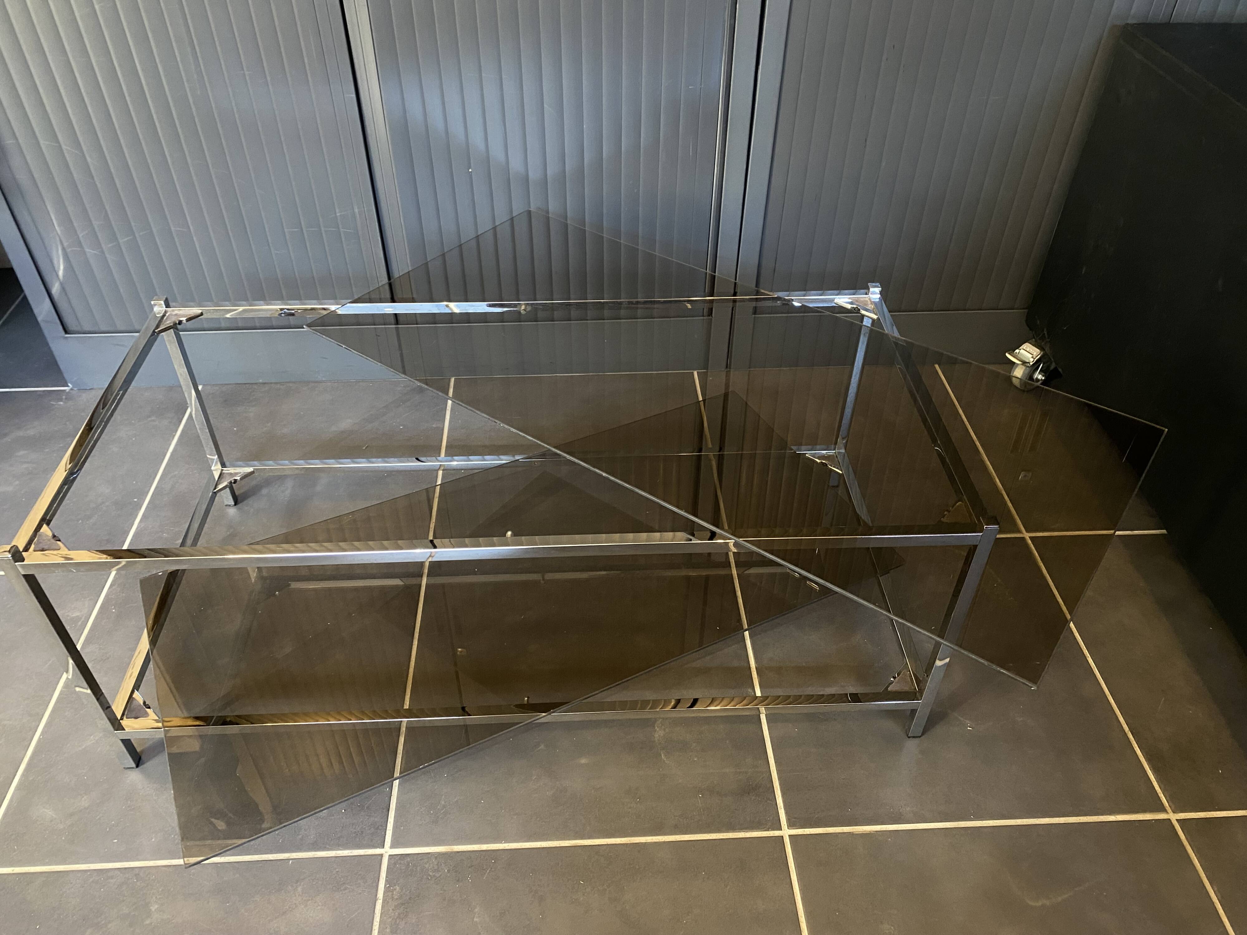Table basse double plateau verre chrome style Bauhaus vintage 1970