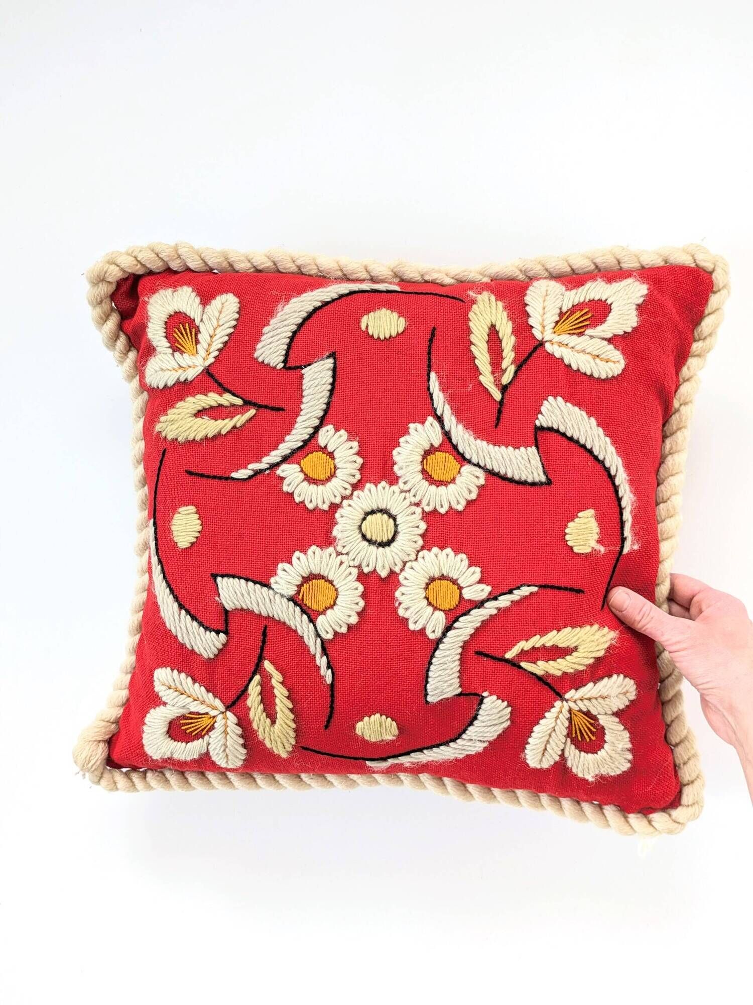 Floral decorative cushion | Wool embroidery | 70s