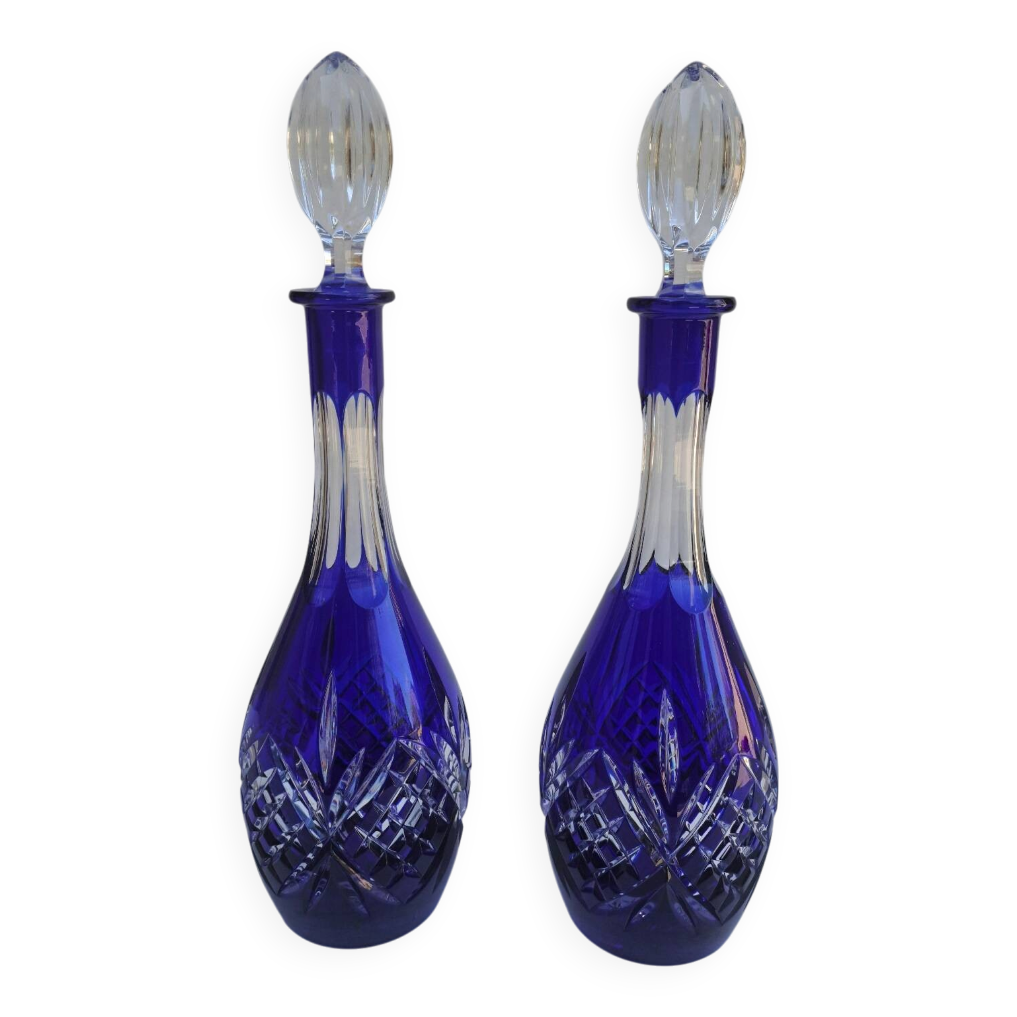 Pair of cobalt blue crystal decanters
