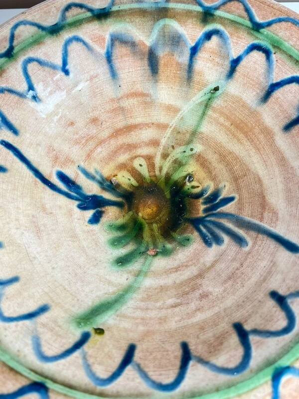 Glazed ceramic dish with green and blue floral decoration – vintage southern earthenware – handmade