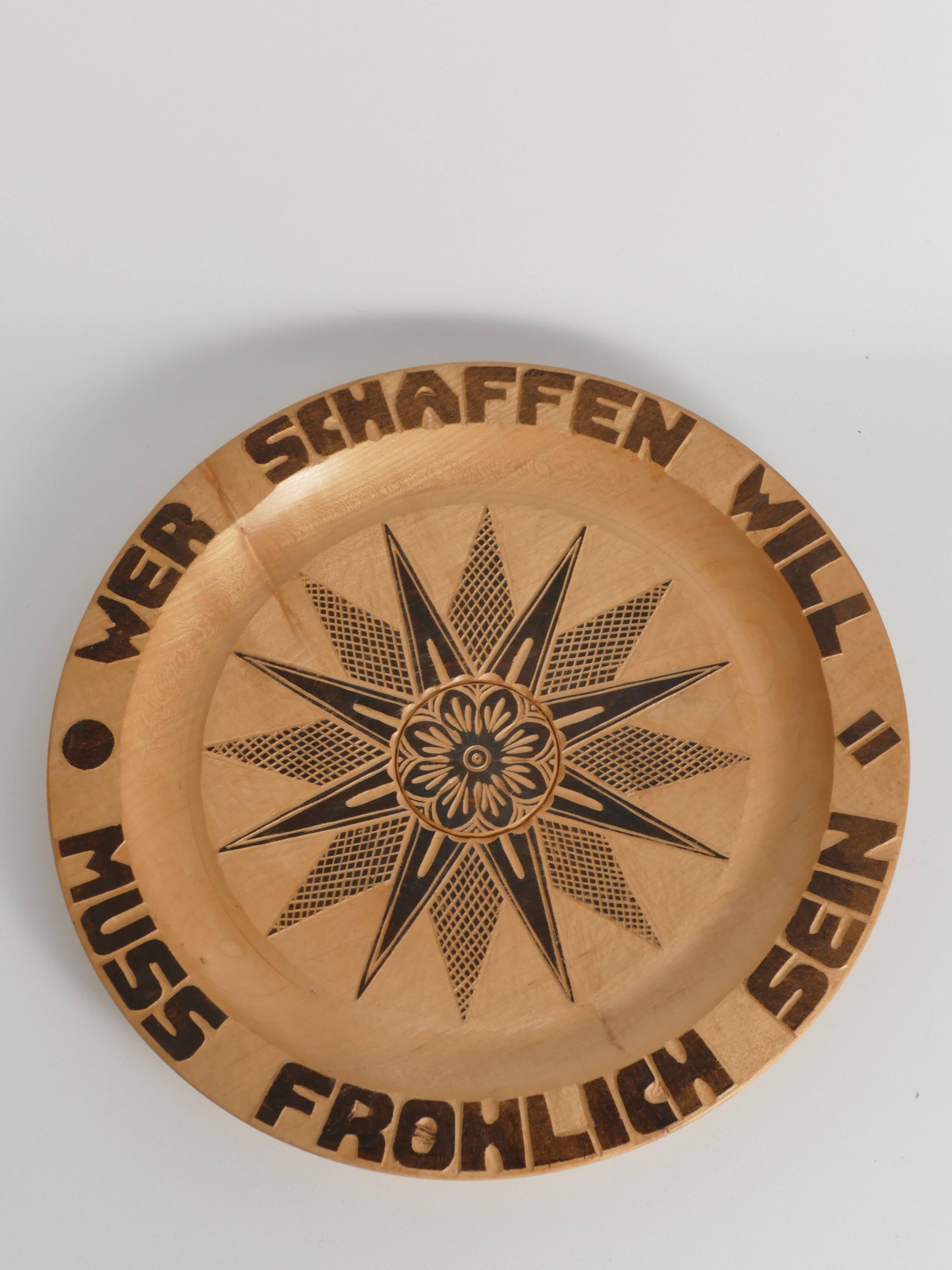 Decorative Hand-carved Wooden Plate with Pyrography, Germany 1960s
