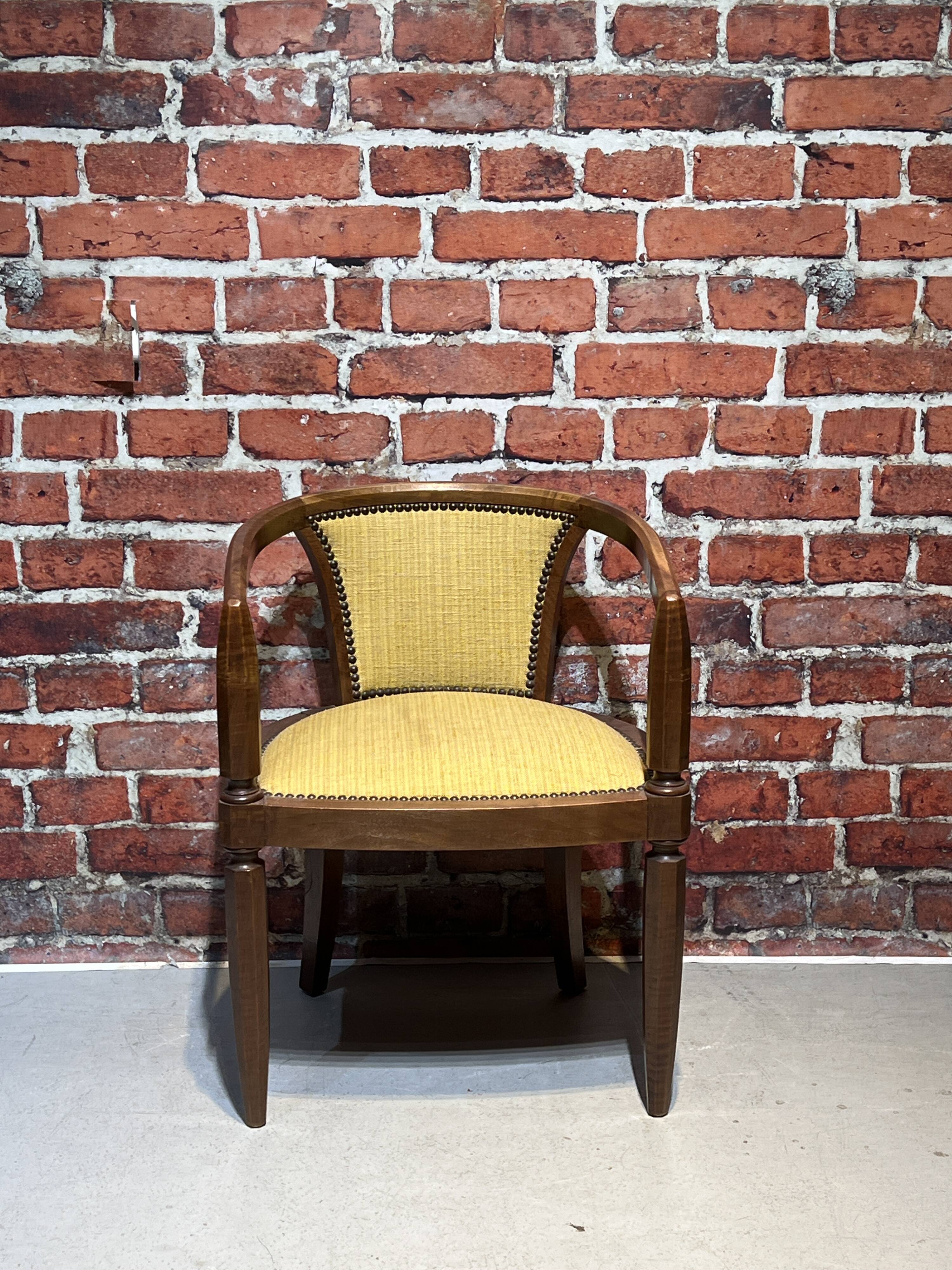 Set of a chair and an armchair in wood and yellow fabric