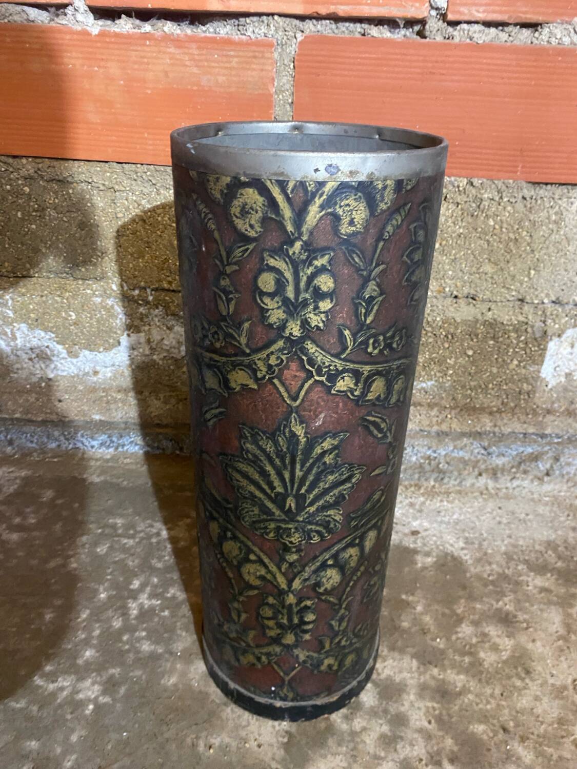 Vintage Lincrusta Loreid Umbrella Stand in Leather with Metal Rim