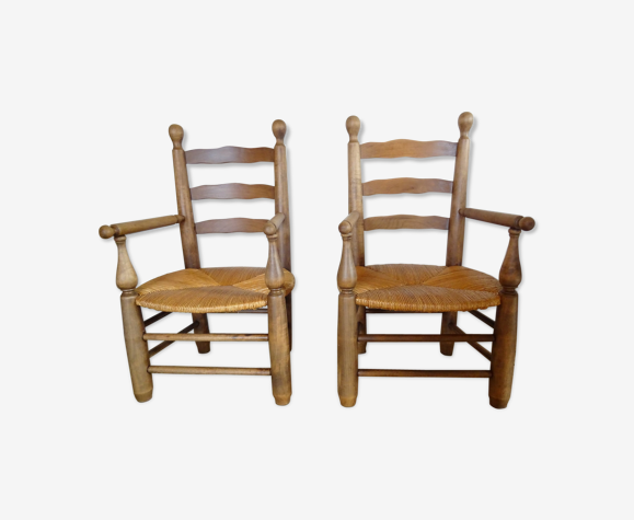Paire de fauteuils brutalistes paillés