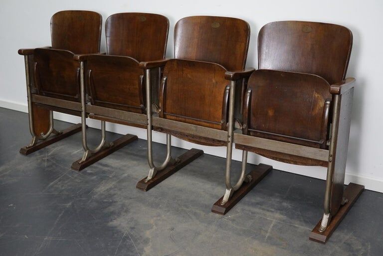Vintage 4-seater cinema bench in metal and wood, Netherlands, 1930s