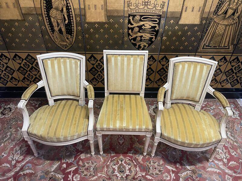 Pair of Louis XVI style cabriolet armchairs and Louis XVI chair