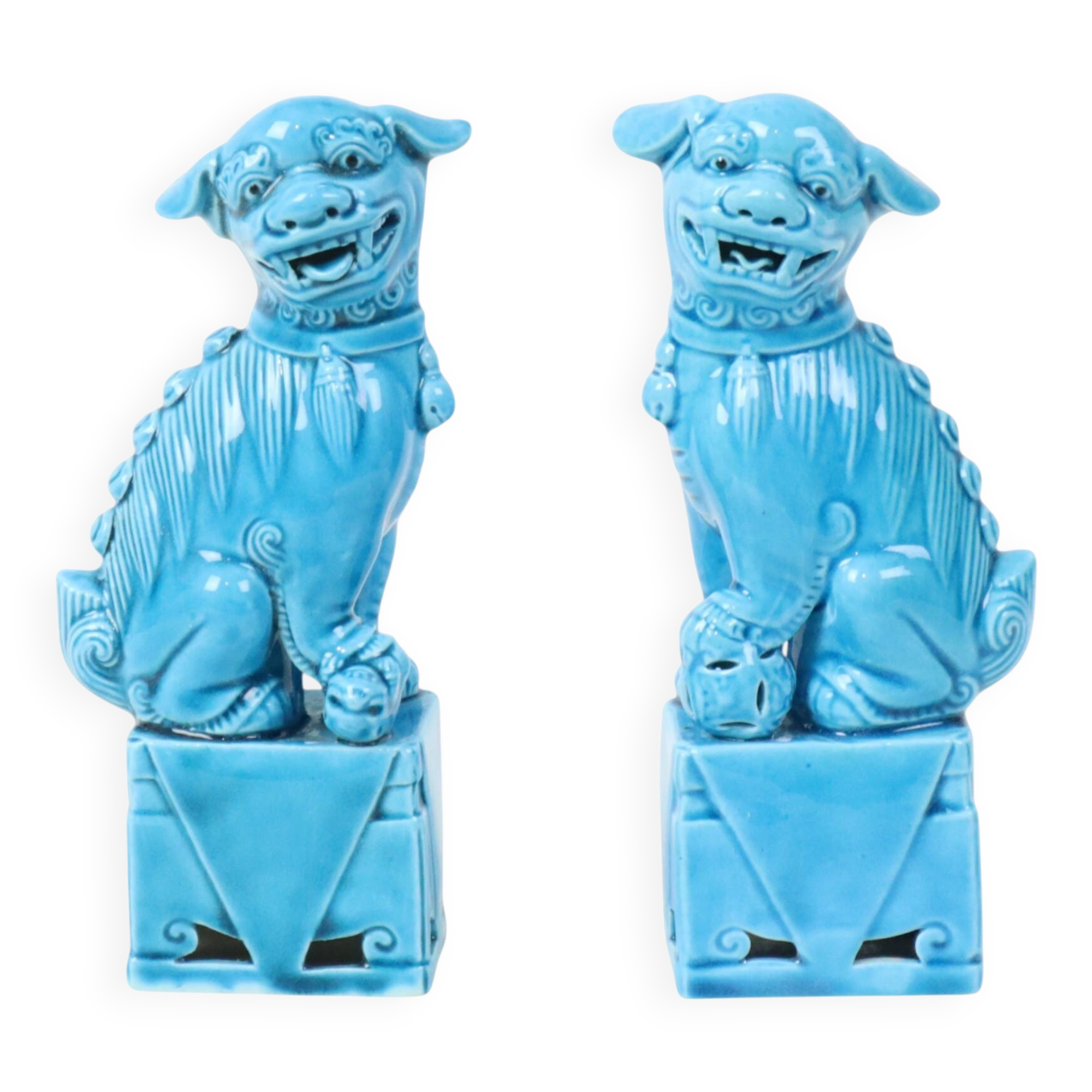 Pair of Blue Glazed Foo Dog Temple Lion Figurines 16cm