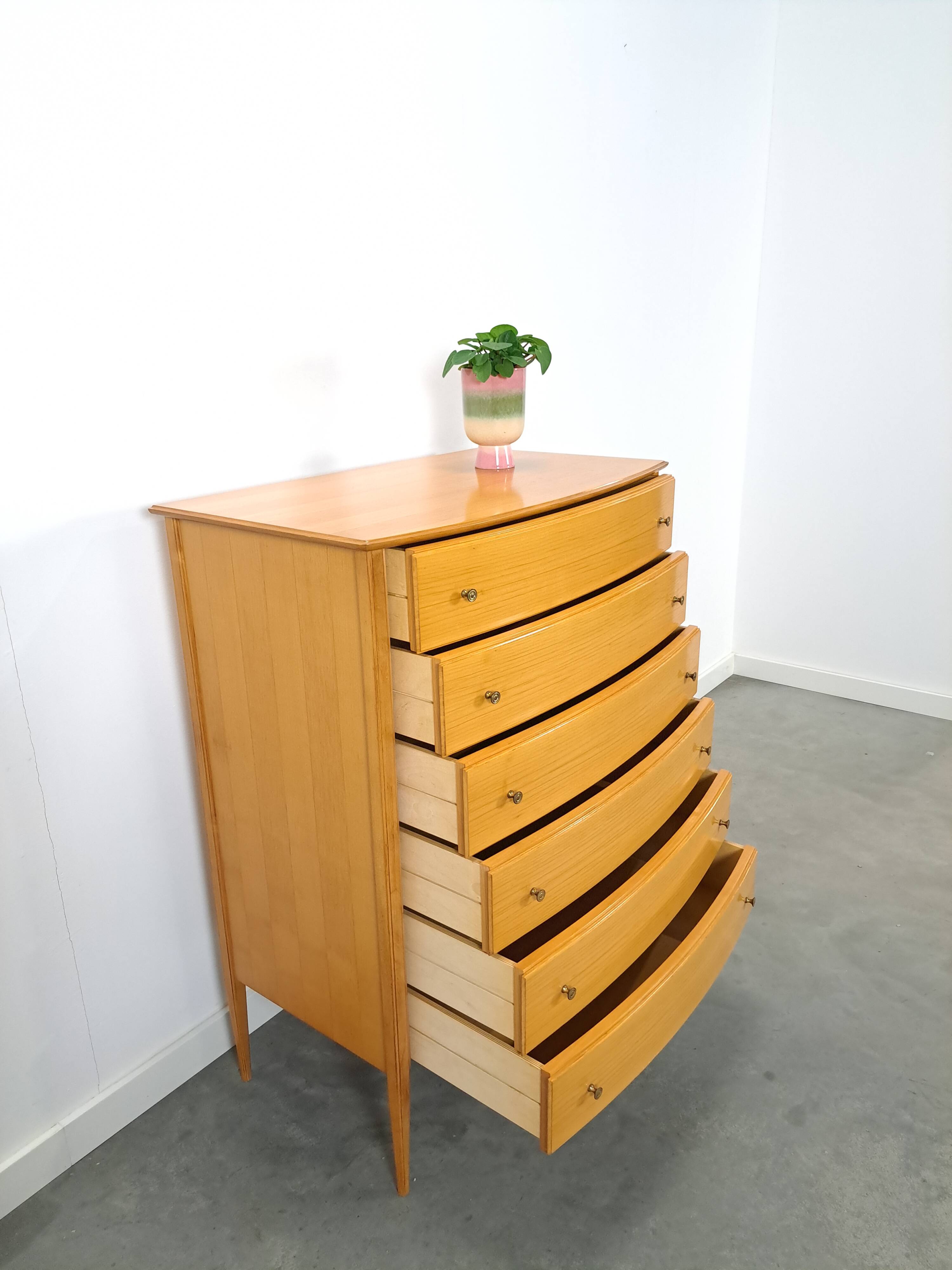 Mid-Century hoge gebogen ladekast met 6 lades