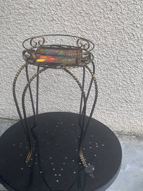 Plant door, iron harness forged twist black and golden and hand-painted ceramic tile
