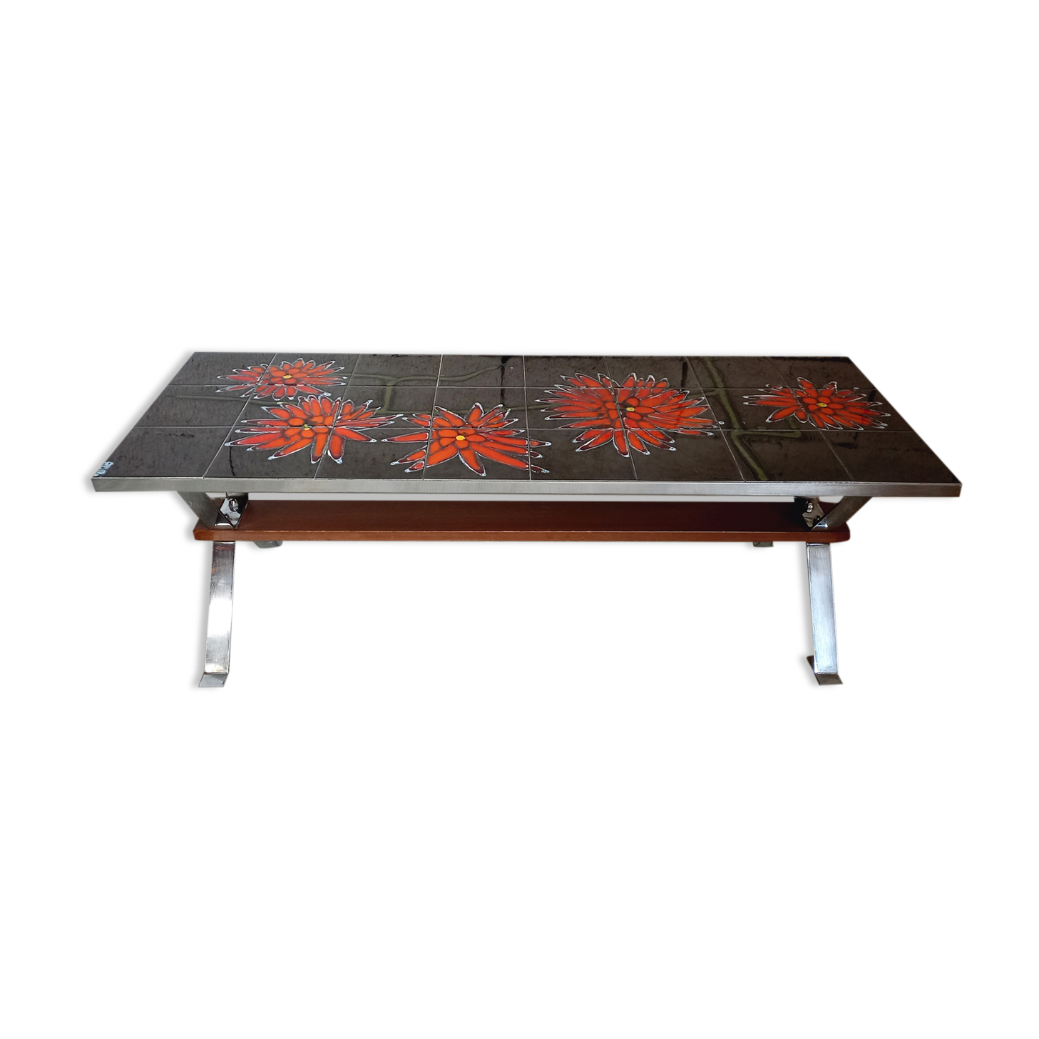 Vintage 70s coffee table in ceramic, chrome metal and wood, signed Adri