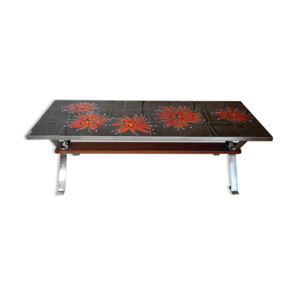 Table basse vintage années 70 en céramique, métal chromé et bois, signée Adri