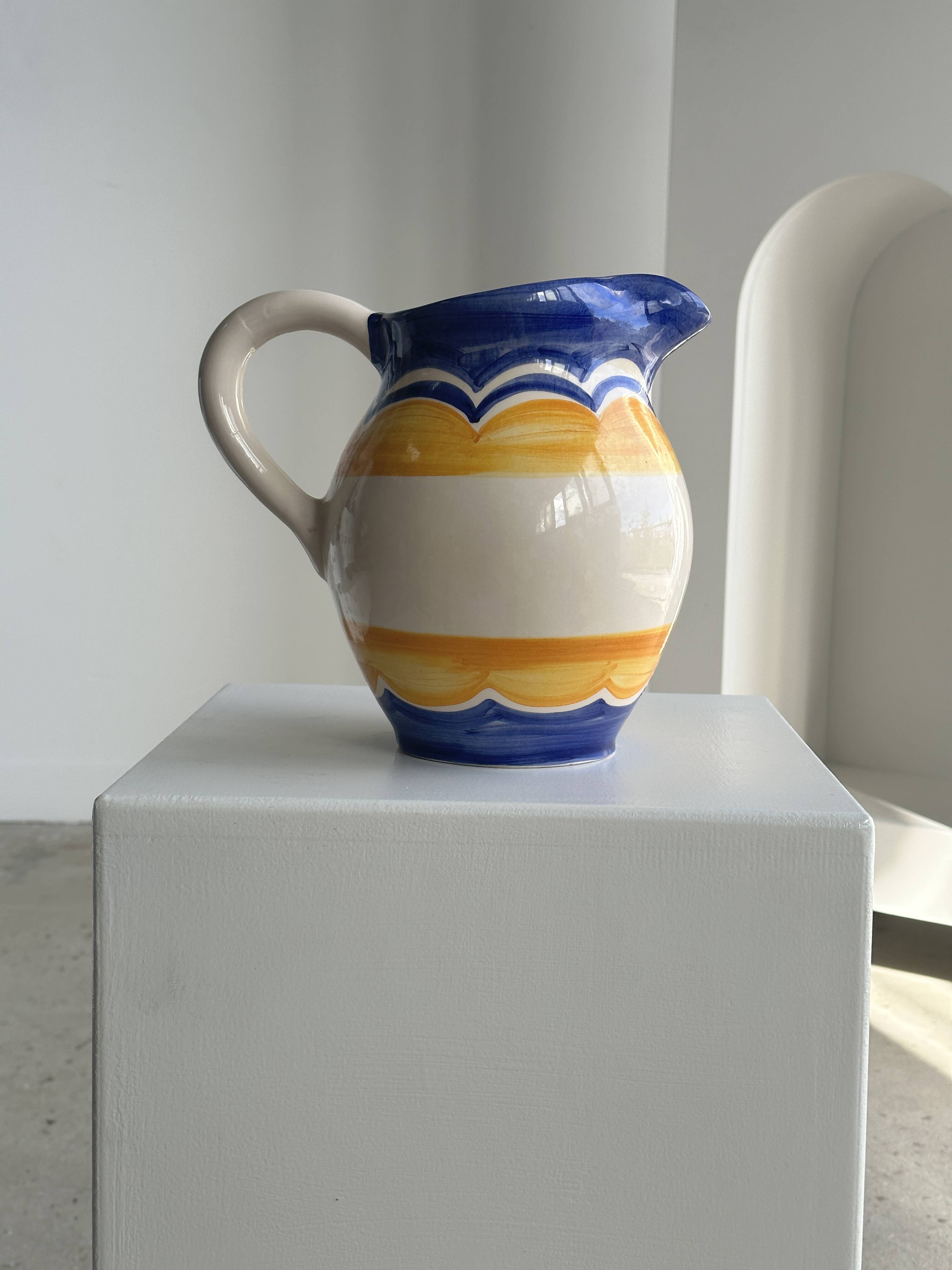 Large blue and yellow hand painted carafe H:20cm
