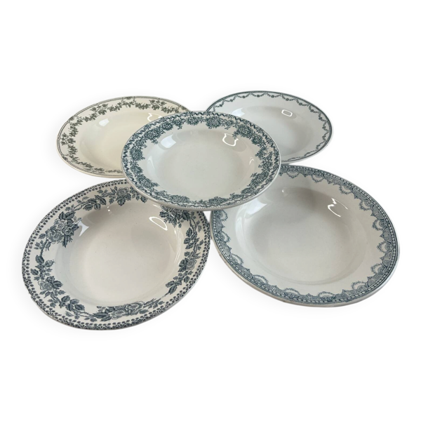 5 assiettes creuses dépareillées en faïence et terre de fer