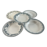 5 assiettes creuses dépareillées en faïence et terre de fer