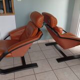 Pair of two black wooden armchairs in Scandinavian leather by Nelo Sweden, Roche Bobois