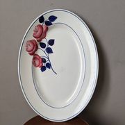 Antique oval ceramic dish with hand-painted floral decoration, country decor
