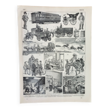 Old engraving 1898, Firefighter, ambulance, fire, rescue • Lithograph, Original plate