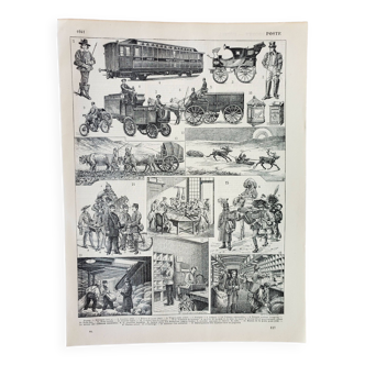 Old engraving 1898, Firefighter, ambulance, fire, rescue • Lithograph, Original plate