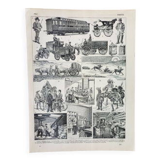 Gravure ancienne 1898, Pompier, ambulance, feu, secours • Lithographie, Planche originale