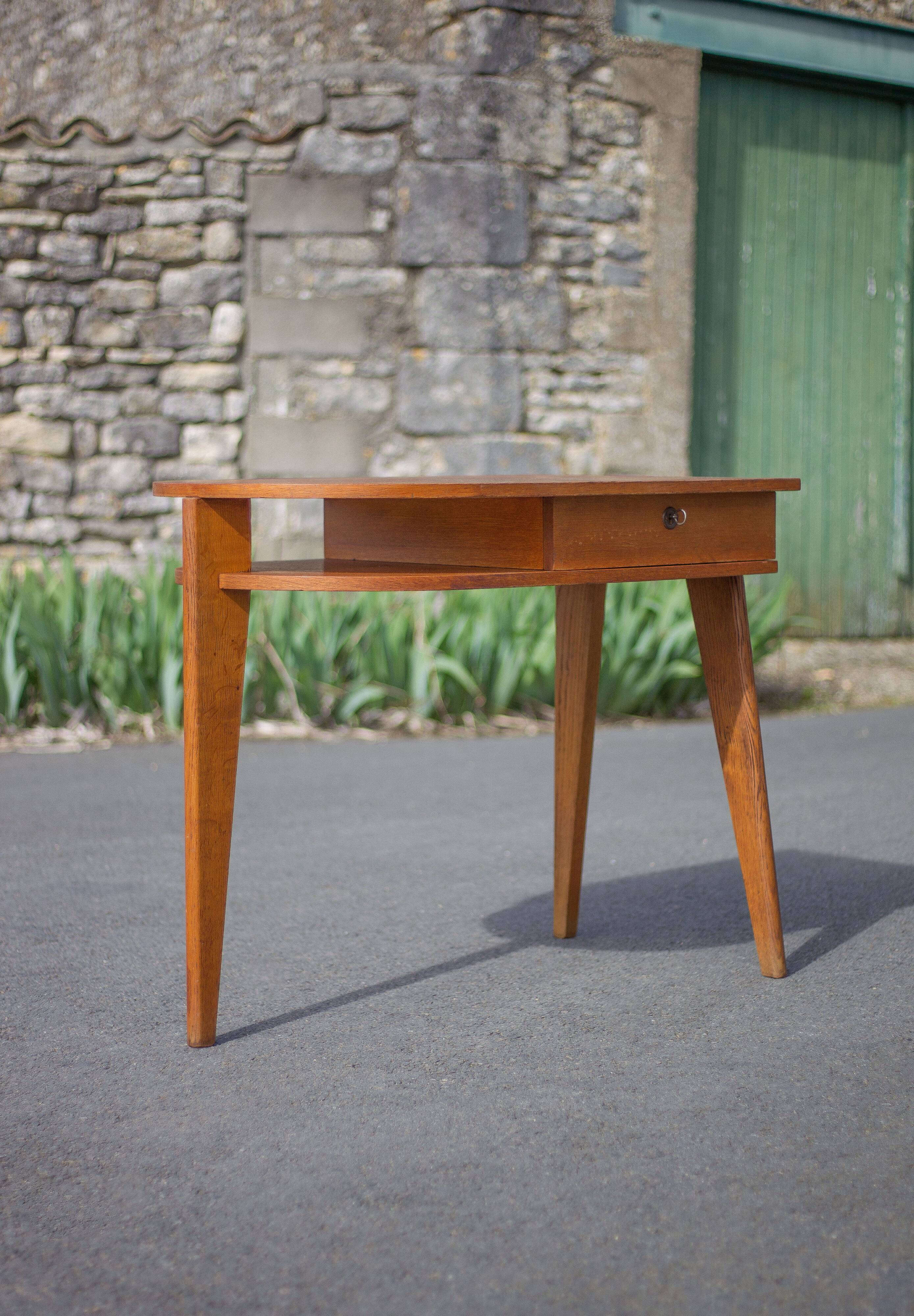 desk, tripod wooden desk, small French designer desk, modernist desk, 50's