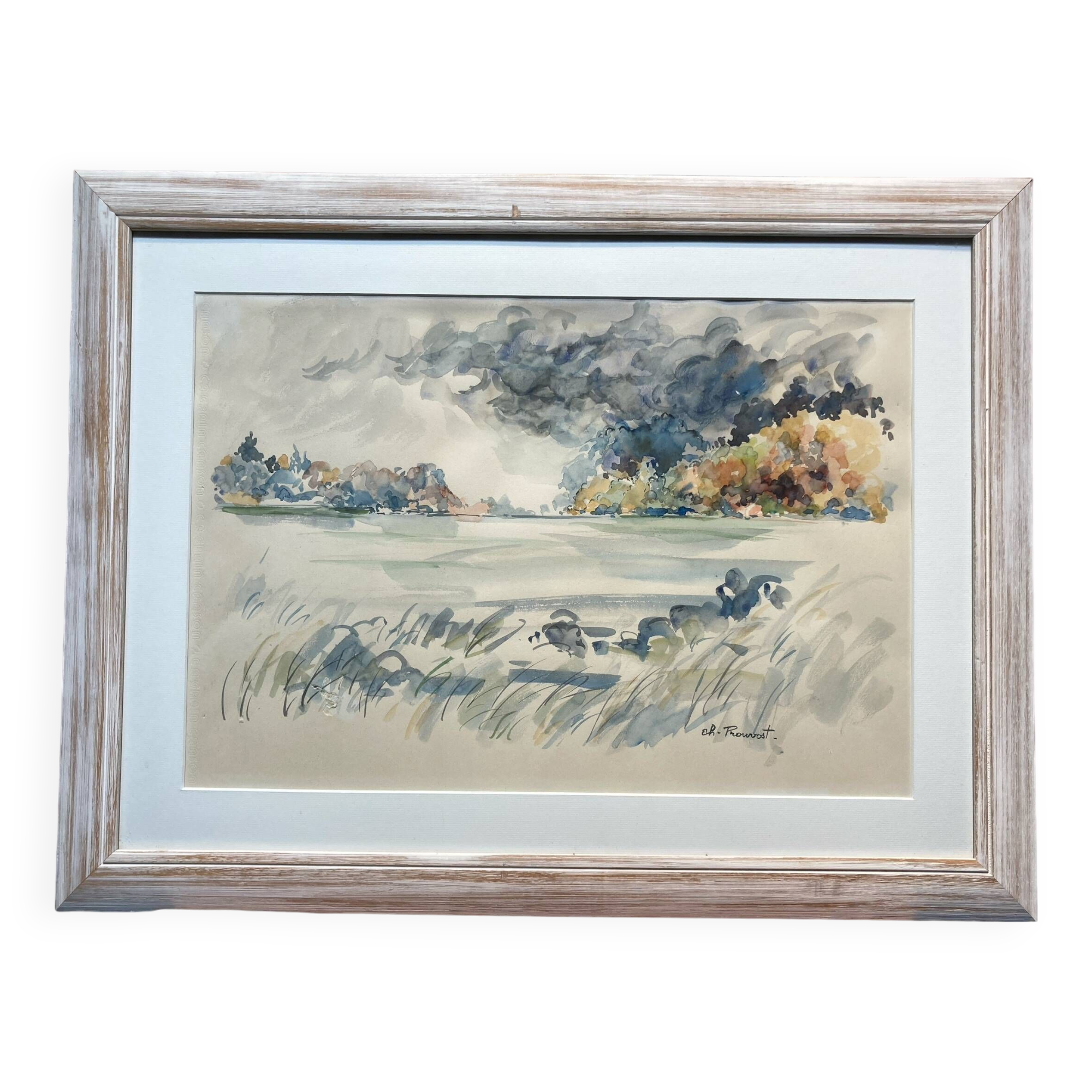 Watercolor of a landscape, signed CH. Prouvost