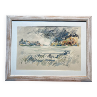 Watercolor of a landscape, signed CH. Prouvost