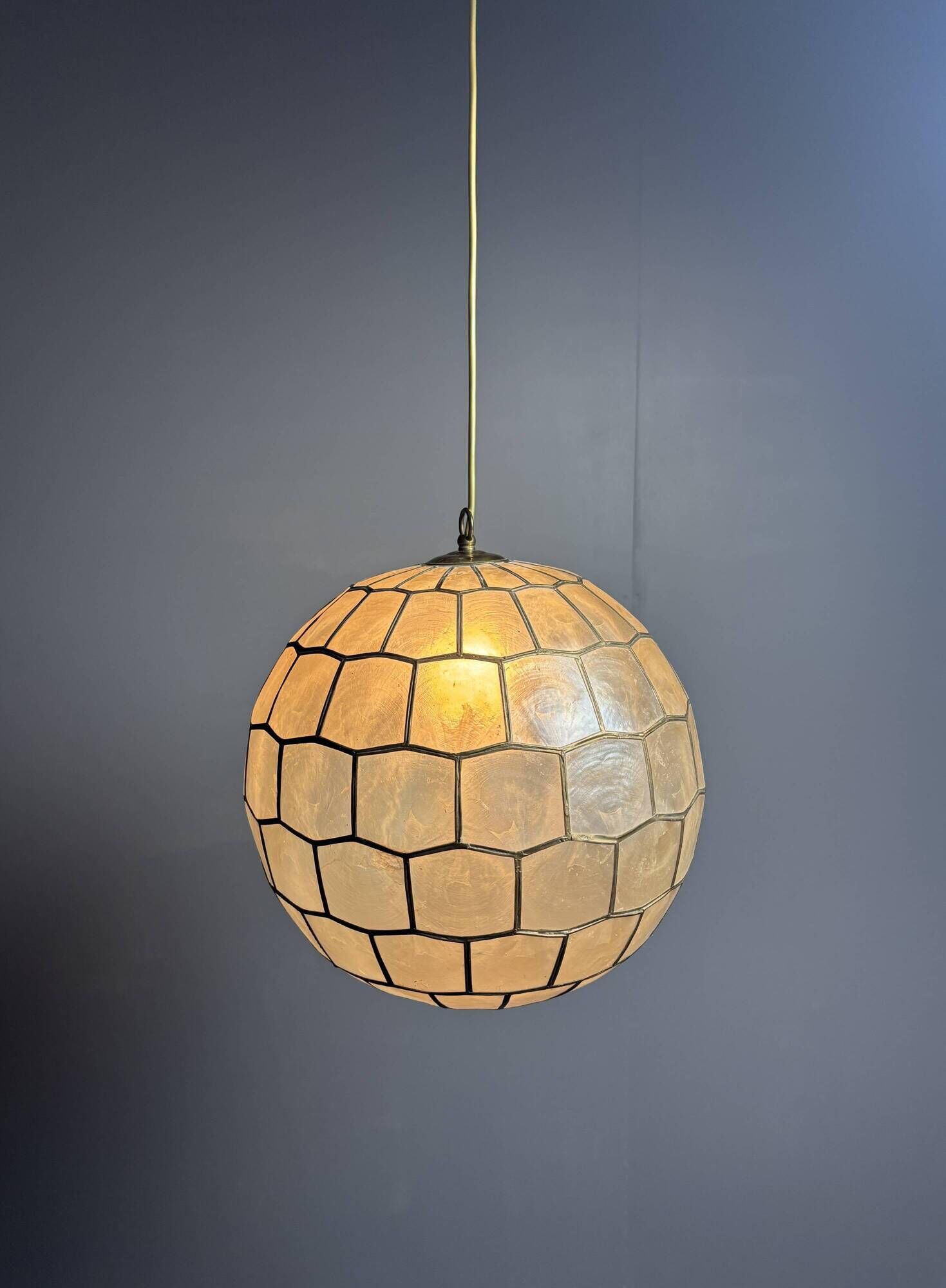 Pair midcentury mother of pearl Capiz large pendants, Feldman Lighting Co