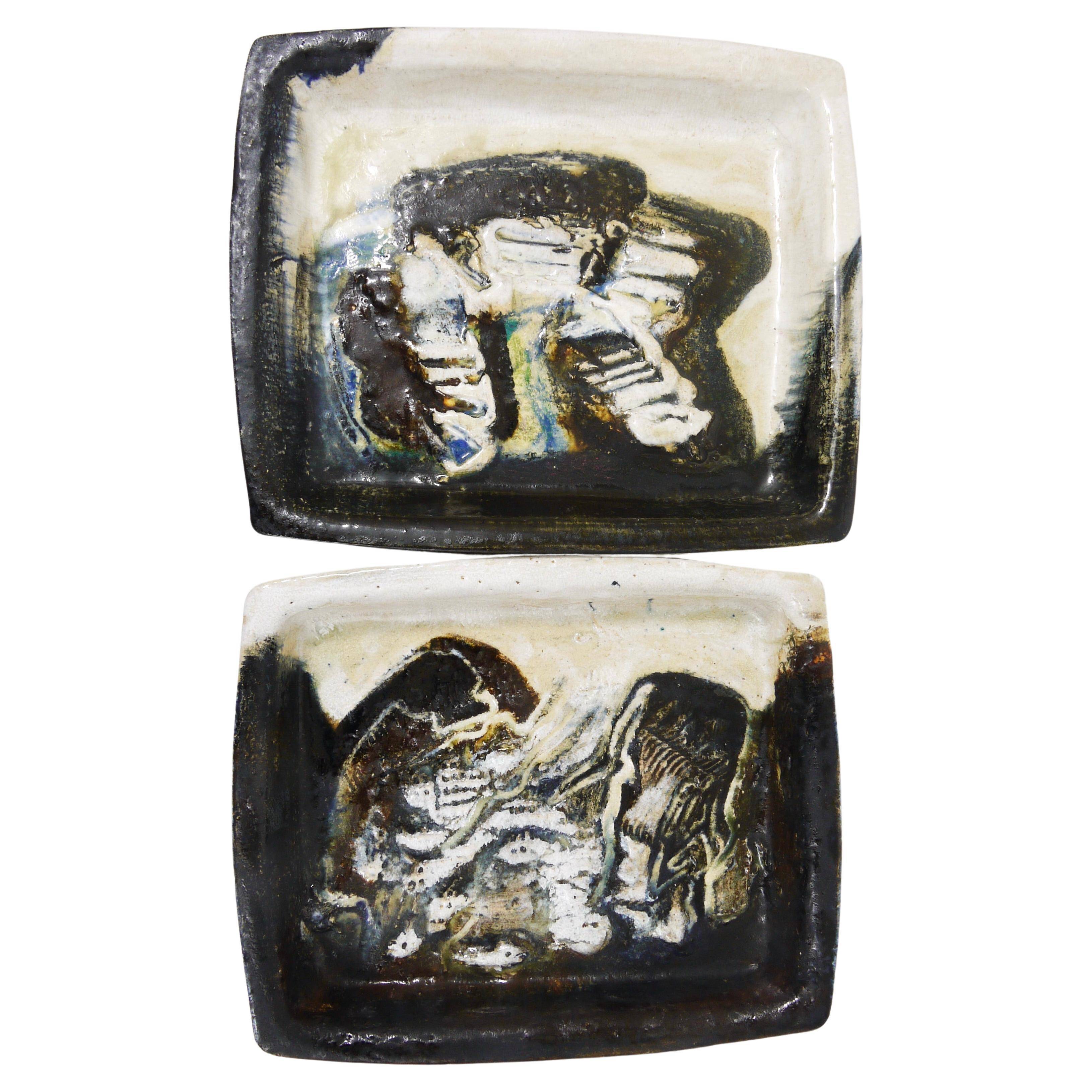 Two large abstract stoneware bowls/plates by Jeppe Hagedorn-Olsen, Denmark, 1970s.