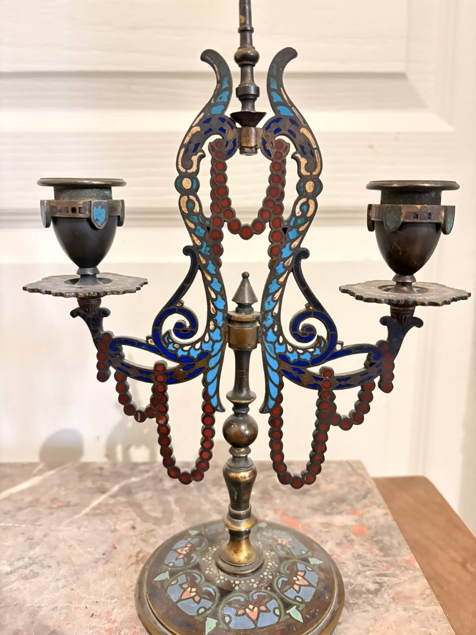 Pair of Candelabra Chandelier Champlevé Enamel Napoleon III Barbedienne