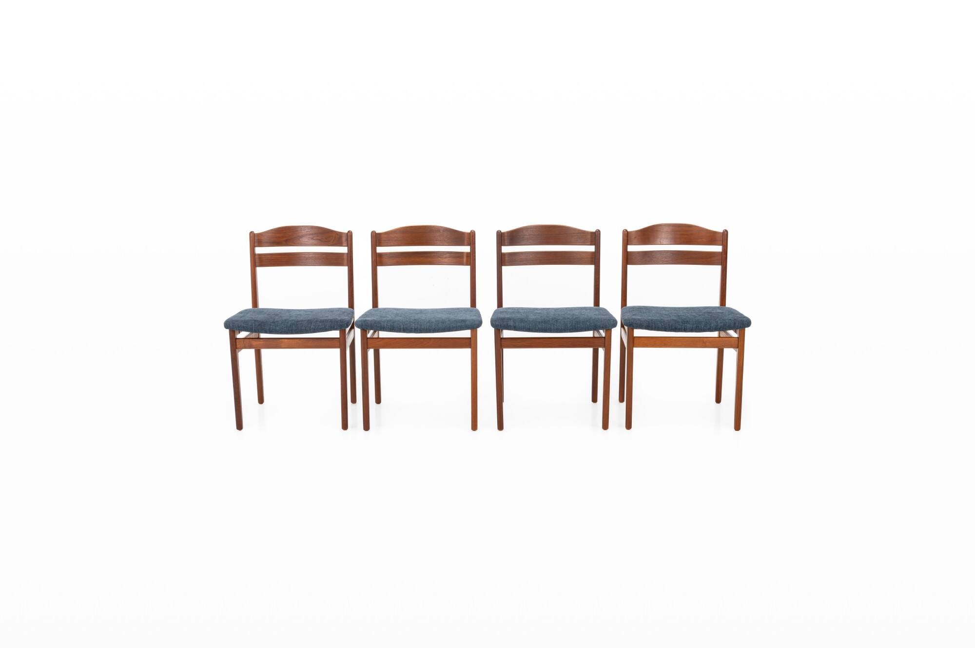 Set of 4 vintage dining chairs in teak and blue fabric