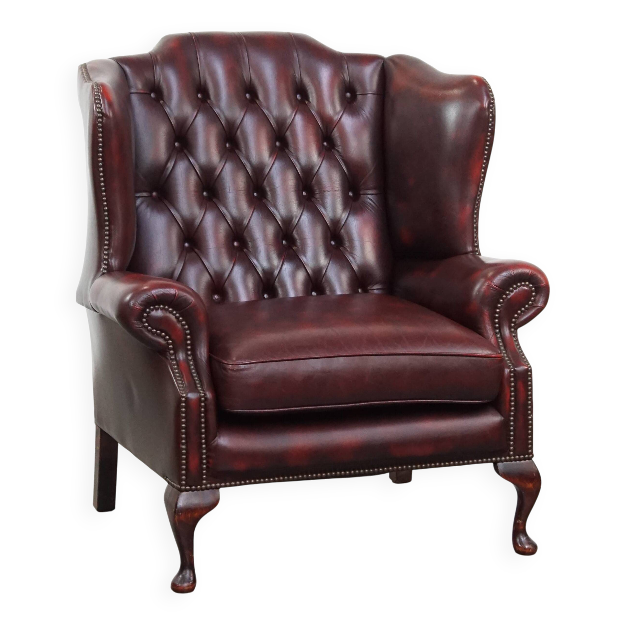 Red Cowhide Leather English Chesterfield Wingback Chair