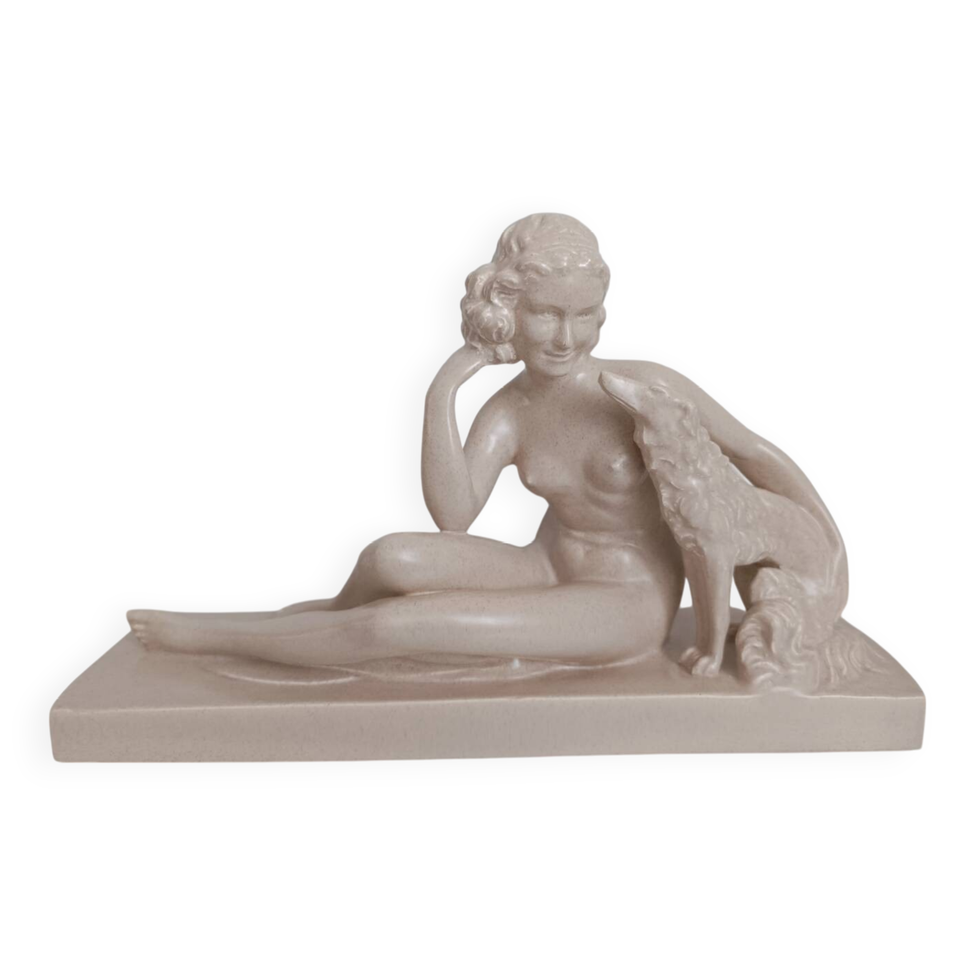 Nude Woman and Her Dog (Greyhound) - Beige Ceramic Statue - Signed Charles Lemanceau - 1930