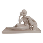 Nude Woman and Her Dog (Greyhound) - Beige Ceramic Statue - Signed Charles Lemanceau - 1930