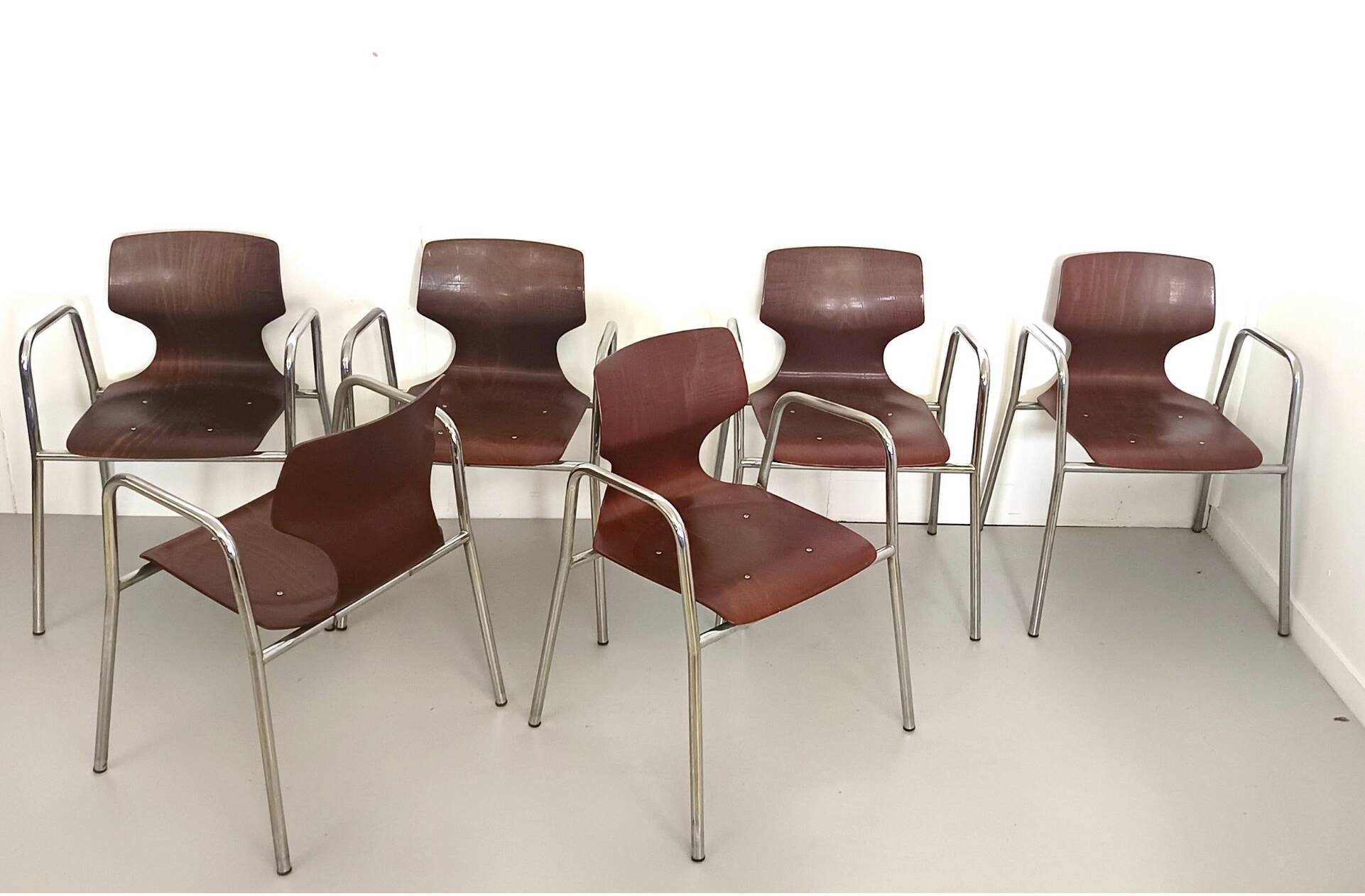 Set of Six Curved Beech Desk Chairs by Pagholz Flötotto with Armrests, Germ