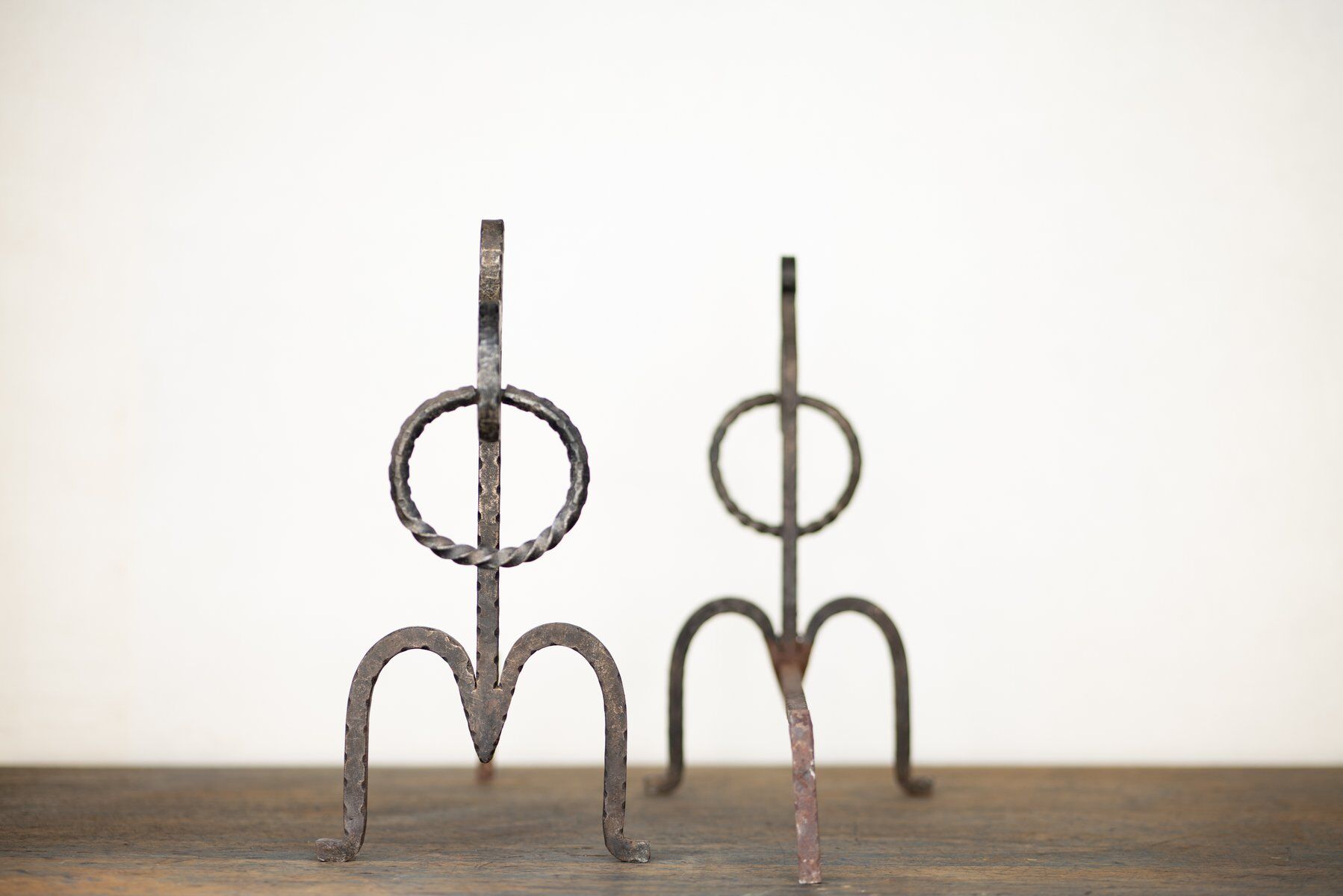 Brutalist wrought iron andirons, Italy, 1970s, set of 2.