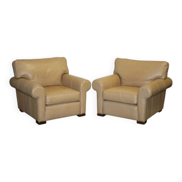 Brown Leather Latte Armchairs by Multi York England, Set of 2