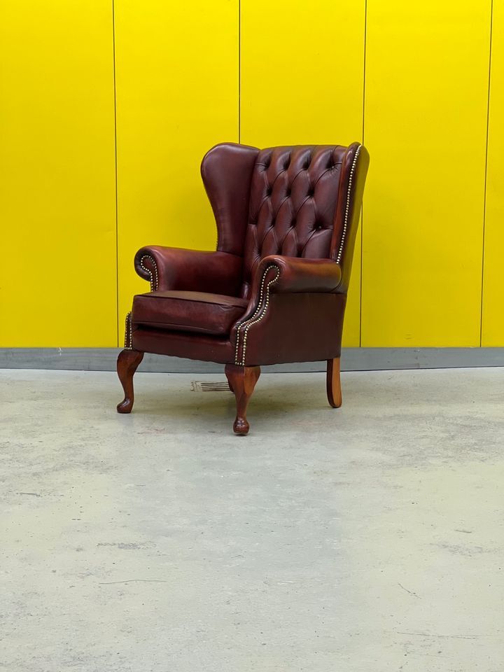 Burgundy leather vintage chesterfield wing chair
