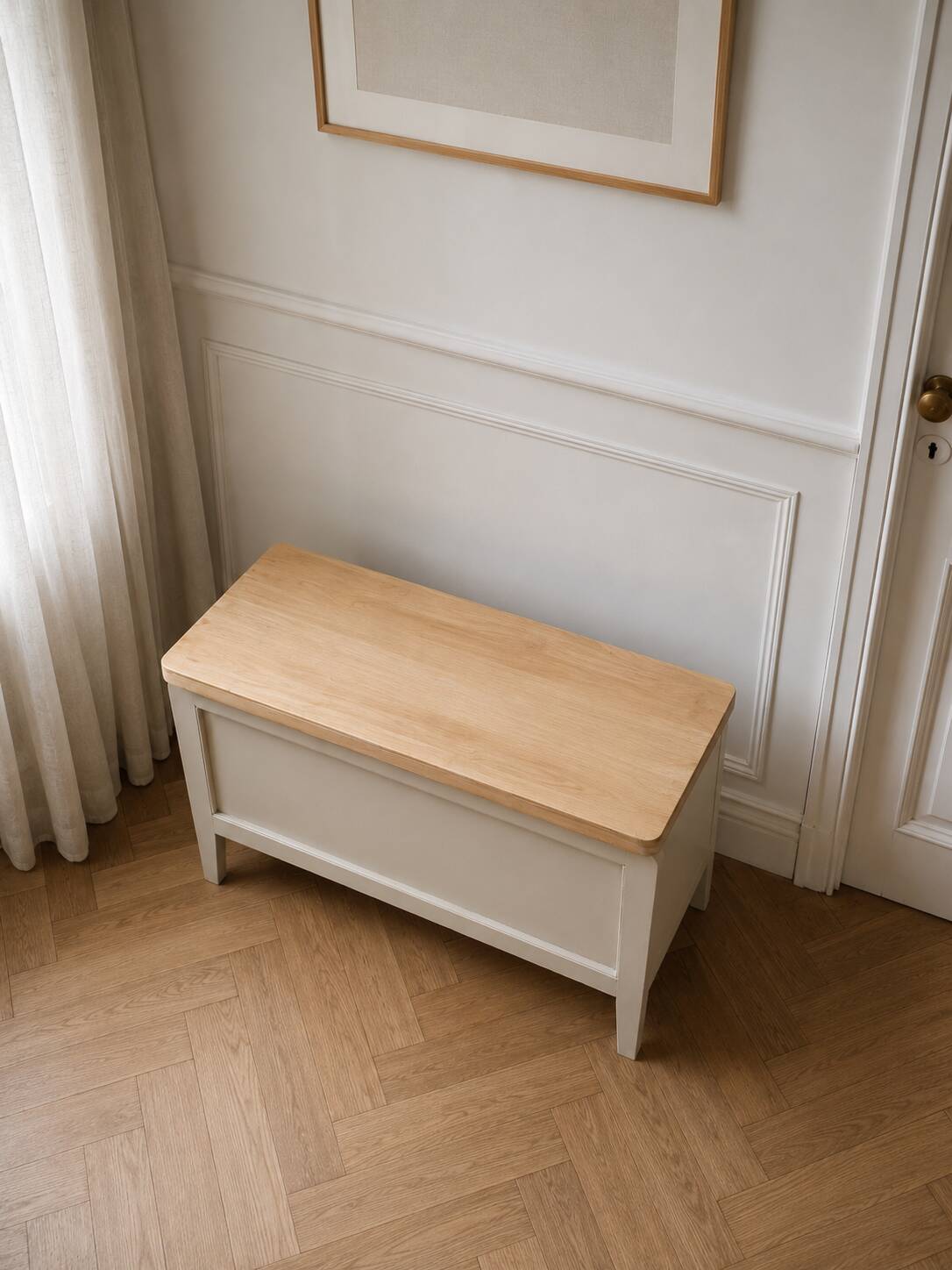Re-enchanted vintage toy chest in beige, wooden tray.